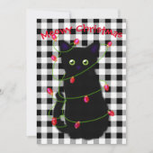 Zwarte kat Meowy Kerstmis twinkle lichten gingham Feestdagenkaart (Voorkant)