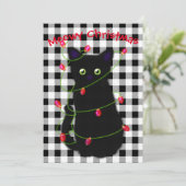 Zwarte kat Meowy Kerstmis twinkle lichten gingham Feestdagenkaart (Staand voorkant)