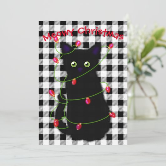 Zwarte kat Meowy Kerstmis twinkle lichten gingham Feestdagenkaart (Staand voorkant)