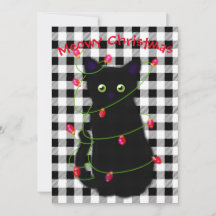 Zwarte kat Meowy Kerstmis twinkle lichten gingham