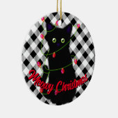 Zwarte kat Meowy Kerstmis twinkle lichten gingham Keramisch Ornament (Rechts)