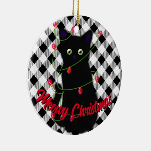 Zwarte kat Meowy Kerstmis twinkle lichten gingham Keramisch Ornament (Rechts)