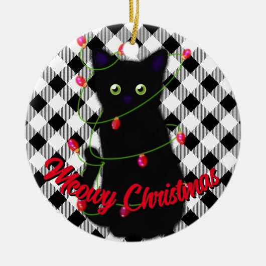 Zwarte kat Meowy Kerstmis twinkle lichten gingham Keramisch Ornament (Voorkant)