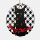 Zwarte kat Meowy Kerstmis twinkle lichten gingham Keramisch Ornament (Links)
