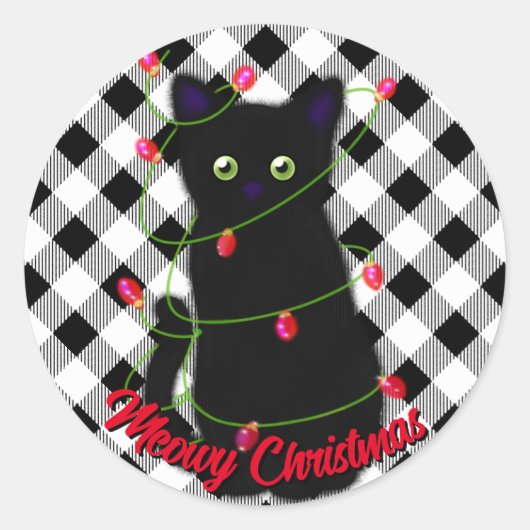 Zwarte kat Meowy Kerstmis twinkle lichten gingham Ronde Sticker (Voorkant)