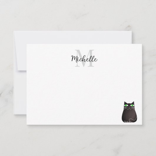 Zwarte Kat met Aangepaste Monogram Notitiekaartje (Voorkant)