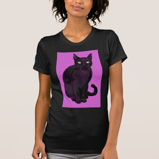 Zwarte kat met achtergrond van fuchsia t-shirt (Voorkant)