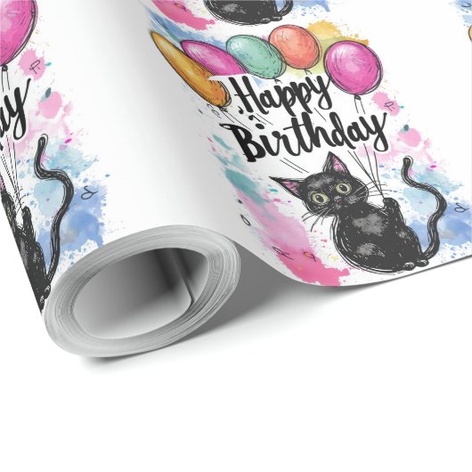 Zwarte kat met ballonnen cadeaupapier (Rol Hoek)