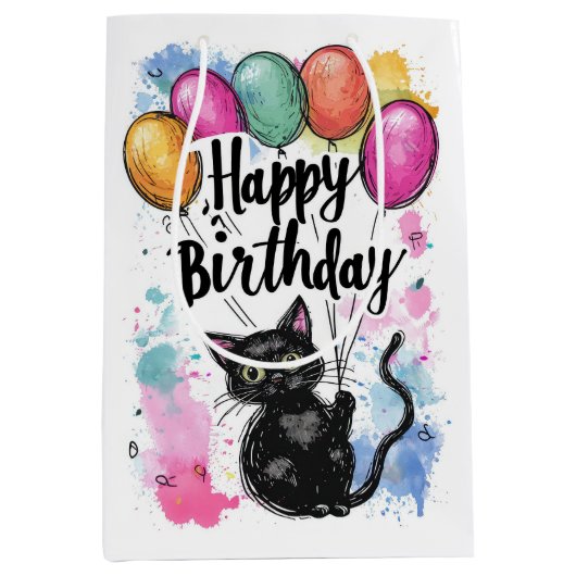 Zwarte kat met ballonnen medium cadeauzakje (Voorkant)