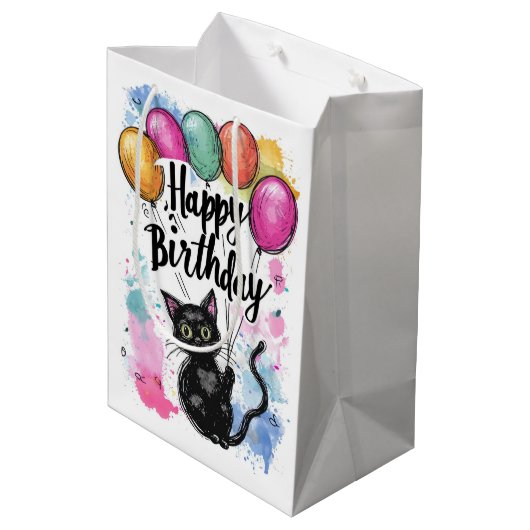 Zwarte kat met ballonnen medium cadeauzakje (Achterkant Gekanteld)