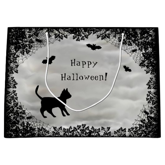 Zwarte Kat met Bat, Happy Halloween. Groot Cadeauzakje (Voorkant)