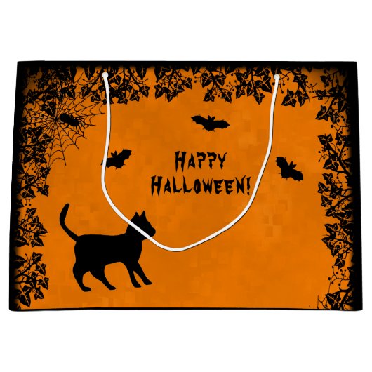 Zwarte Kat met Bat, Happy Halloween. Groot Cadeauzakje (Voorkant)
