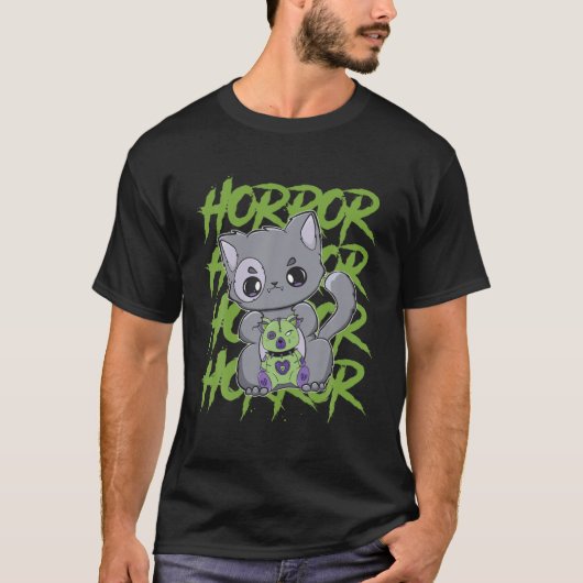 Zwarte kat met Beer van Eddy voor horrorventilator T-shirt (Voorkant)