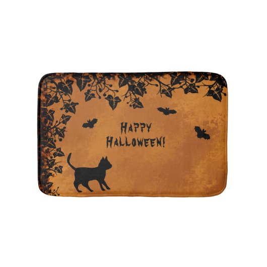 Zwarte kat met biet, Happy Halloween Badmat (Voorkant)