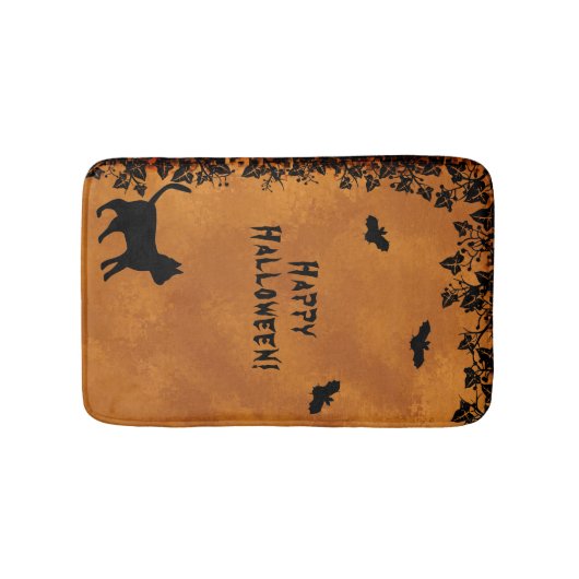 Zwarte kat met biet, Happy Halloween Badmat (Voorkant)