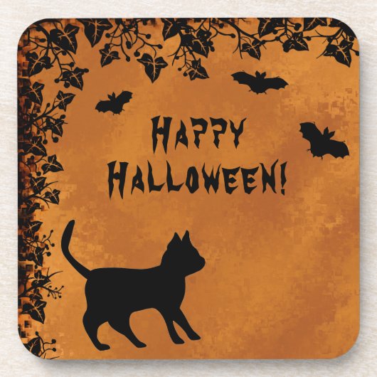 Zwarte kat met biet, Happy Halloween Bier Onderzetter (Voorkant)