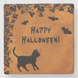 Zwarte kat met biet, Happy Halloween Stenen Onderzetter