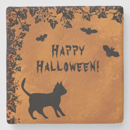 Zwarte kat met biet, Happy Halloween Stenen Onderzetter (Voorkant)