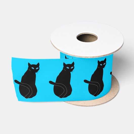 Zwarte Kat met blauw oogstlint - Aangepaste kleure Satijnen Lint (Spoel)