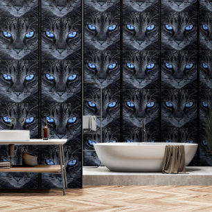 Zwarte kat met blauwe ogen behang