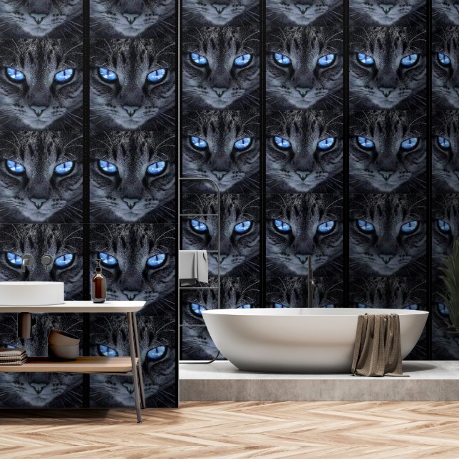 Zwarte kat met blauwe ogen behang (Badkamer)