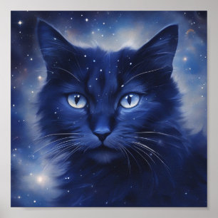 Zwarte kat met blauwe ogen op een sterrenachtergro poster