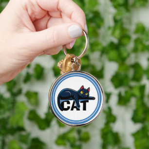 Zwarte kat met blauwe rand ronde sleutelhanger
