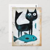 Zwarte kat met blauwe vis briefkaart (Voorkant / Achterkant)