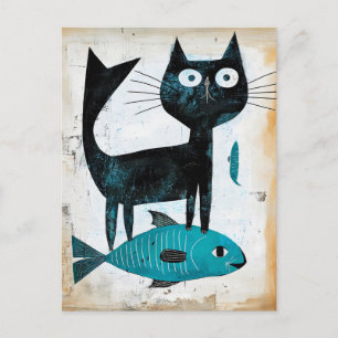Zwarte kat met blauwe vis briefkaart