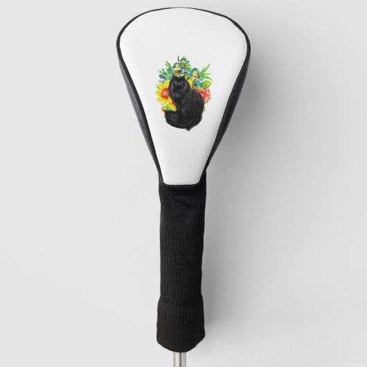 zwarte kat met bloem golfheadcover (Voorkant)