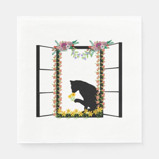 zwarte kat met bloem servet (Voorkant)