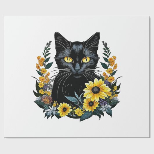 zwarte kat met bloemen cadeaupapier (Vlak)