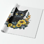zwarte kat met bloemen cadeaupapier (Uitgerold)