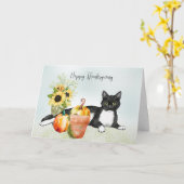 Zwarte kat met bloemen en pompoenen Thanksgiving Kaart (Gele Bloem)