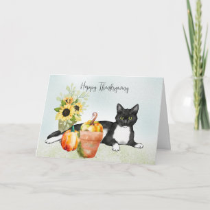Zwarte kat met bloemen en pompoenen Thanksgiving Kaart