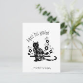 Zwarte kat met bloemen en Portugese expressie Briefkaart (Staand voorkant)
