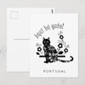 Zwarte kat met bloemen en Portugese expressie Briefkaart (Voorkant / Achterkant)