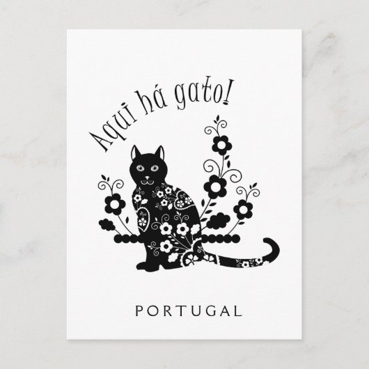Zwarte kat met bloemen en Portugese expressie Briefkaart (Voorkant)