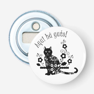 Zwarte kat met bloemen en Portugese expressie Button Flesopener