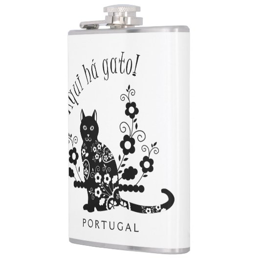 Zwarte kat met bloemen en Portugese expressie Heupfles (Links)