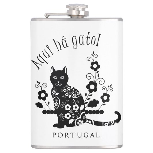 Zwarte kat met bloemen en Portugese expressie Heupfles (Voorkant)