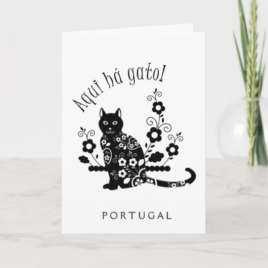 Zwarte kat met bloemen en Portugese expressie Kaart (Voorkant)