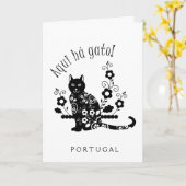 Zwarte kat met bloemen en Portugese expressie Kaart (Gele Bloem)