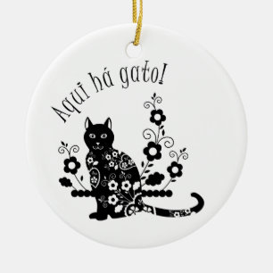 Zwarte kat met bloemen en Portugese expressie Keramisch Ornament