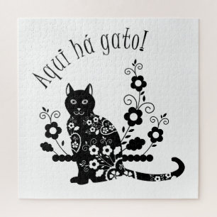 Zwarte kat met bloemen en Portugese expressie Legpuzzel
