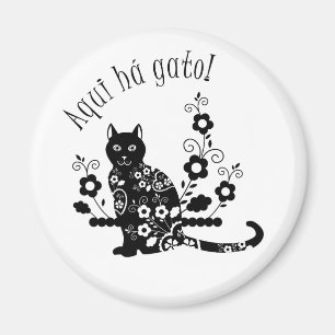 Zwarte kat met bloemen en Portugese expressie Magneet