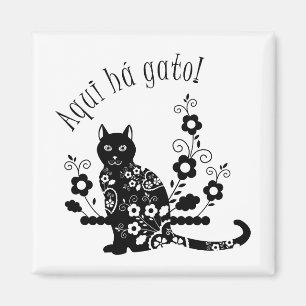 Zwarte kat met bloemen en Portugese expressie Magneet