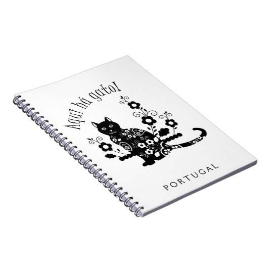 Zwarte kat met bloemen en Portugese expressie Notitieboek (Rechterzijde)