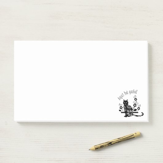 Zwarte kat met bloemen en Portugese expressie Post-it® Notes (Op bureau)