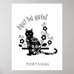 Zwarte kat met bloemen en Portugese expressie Poster